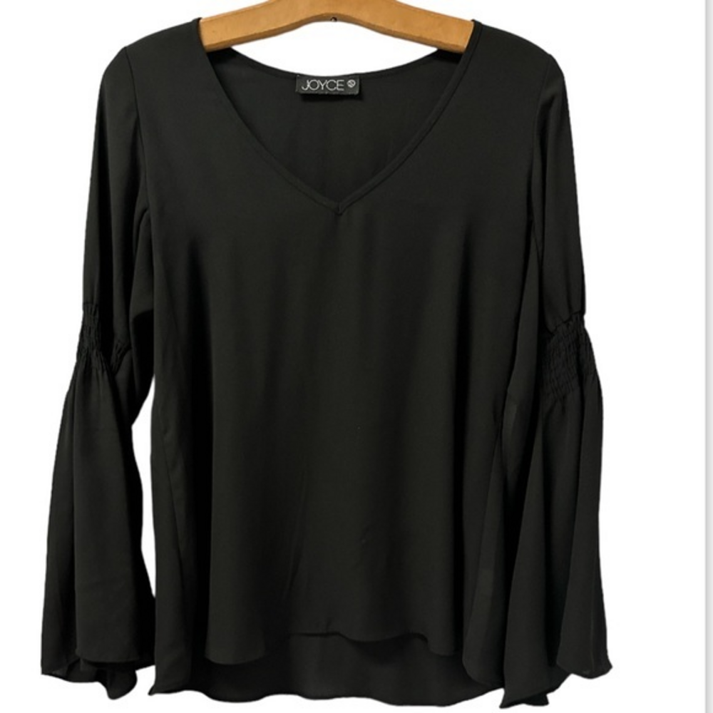 Joyce Womens Size Small‎ black Long Bell Sleeve Boho Tunic Top V neck (923)